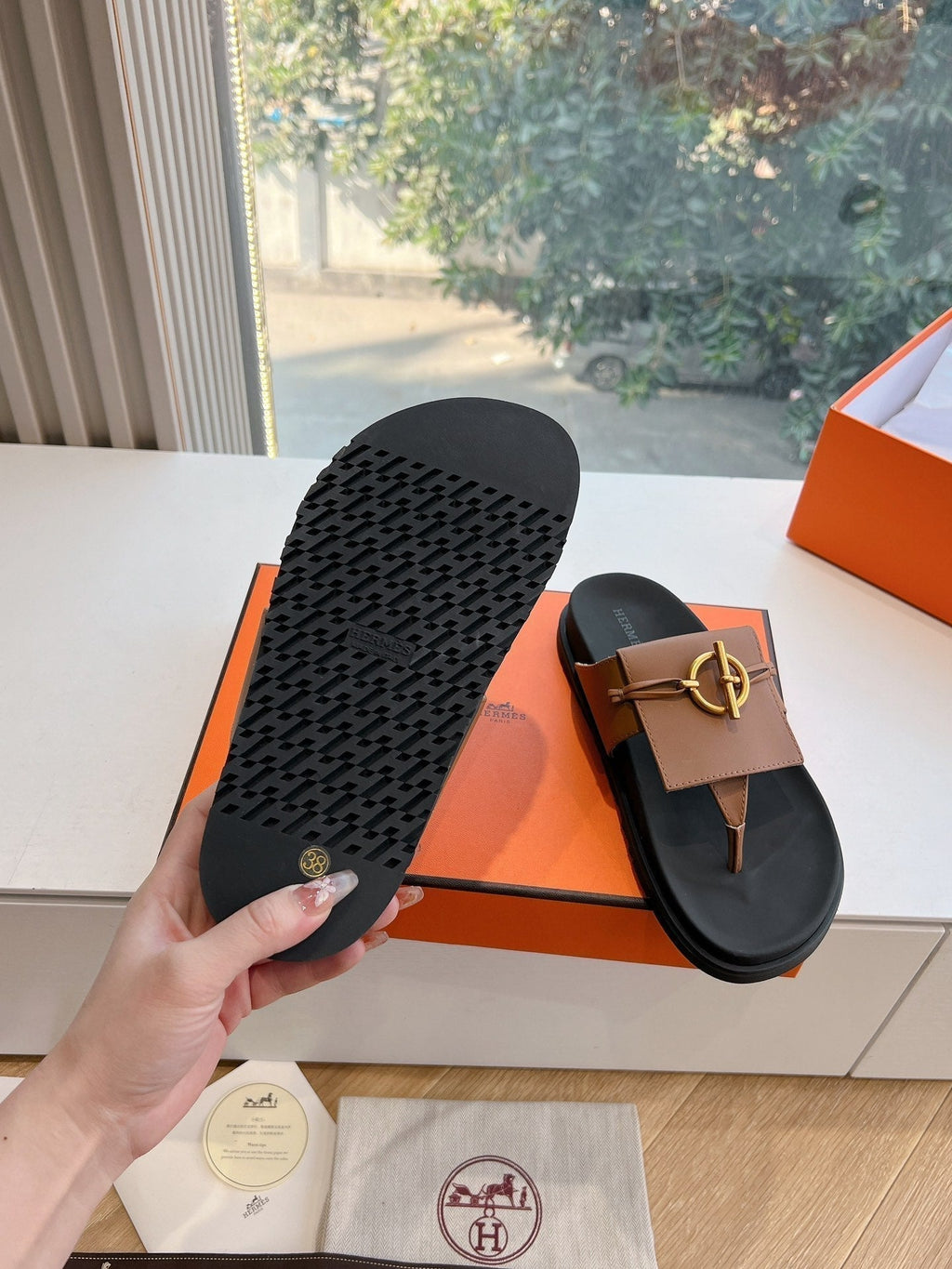 Hermes Joyce Sandal in Bronze Brown Calfskin