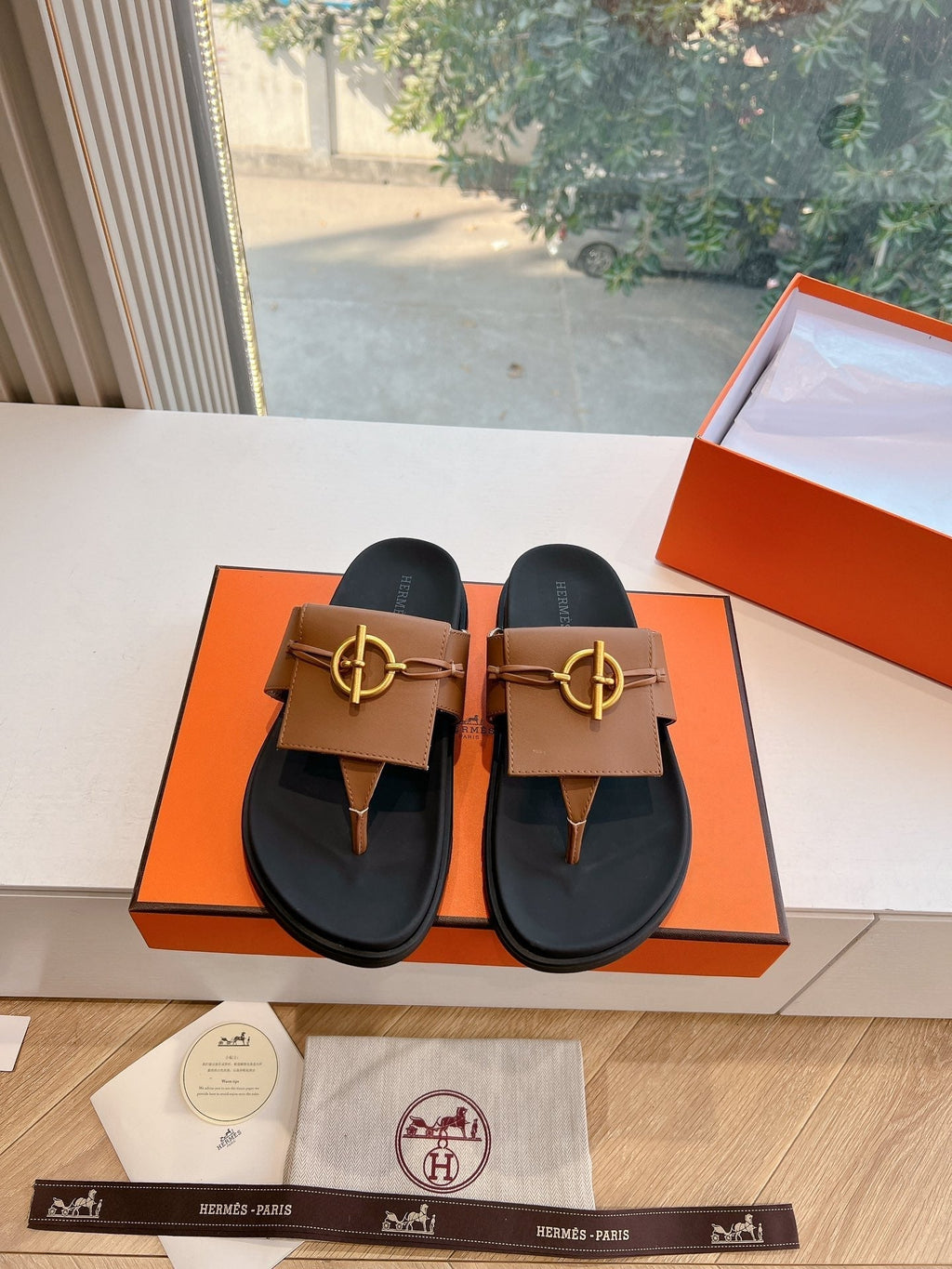 Hermes Joyce Sandal in Bronze Brown Calfskin
