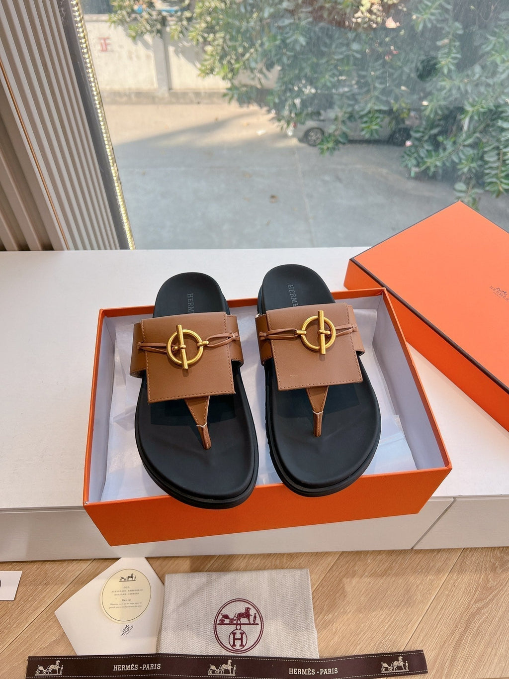 Hermes Joyce Sandal in Bronze Brown Calfskin