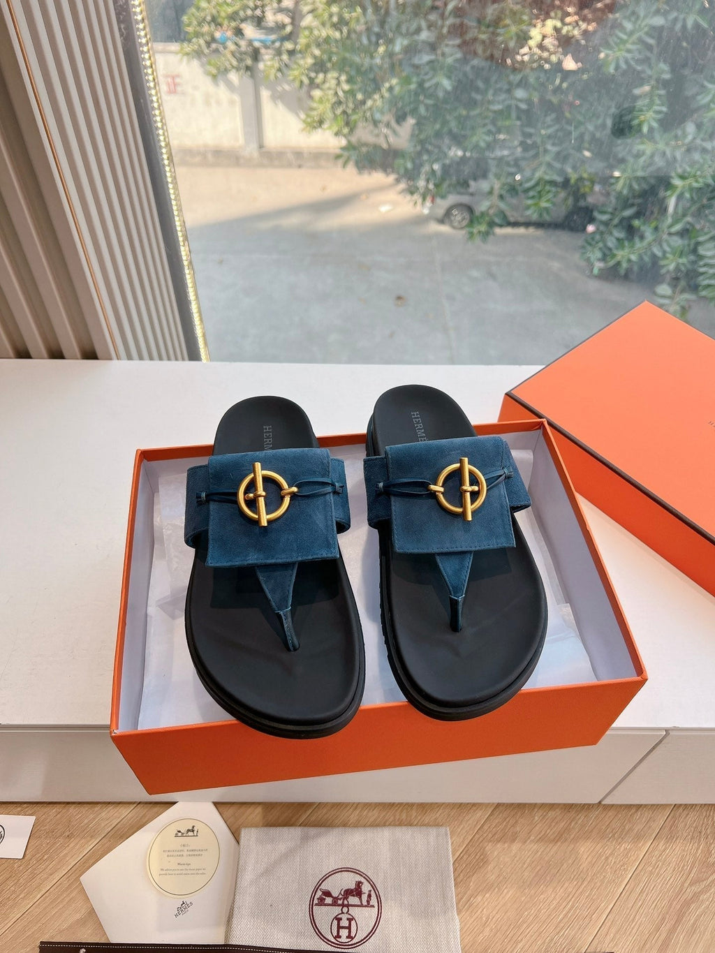 Hermes Joyce Sandal in Navy Blue Suede