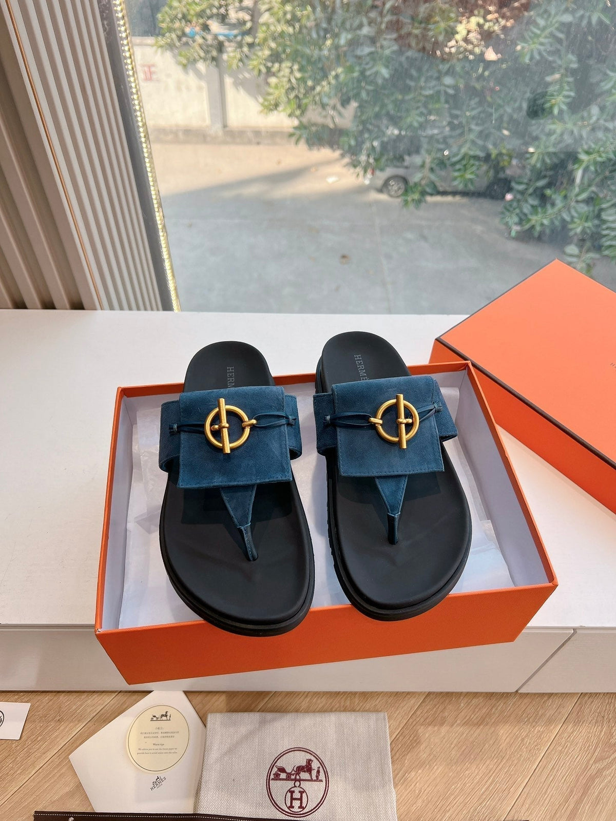Hermes Joyce Sandal in Navy Blue Suede