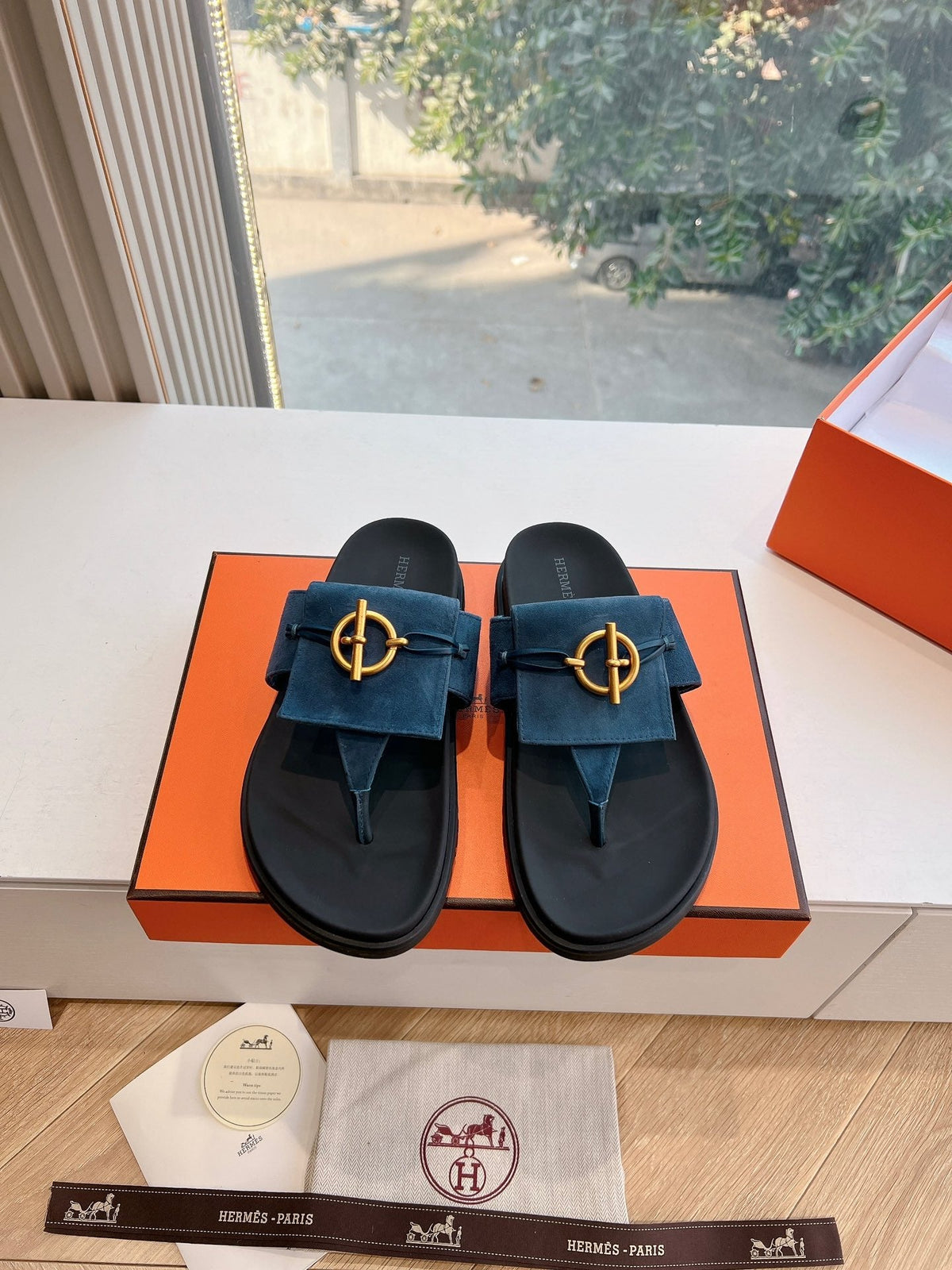 Hermes Joyce Sandal in Navy Blue Suede