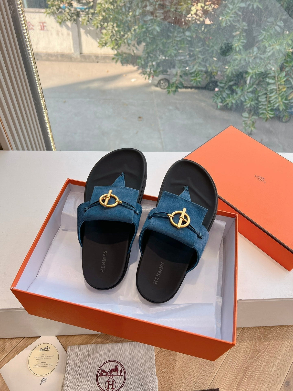 Hermes Joyce Sandal in Navy Blue Suede