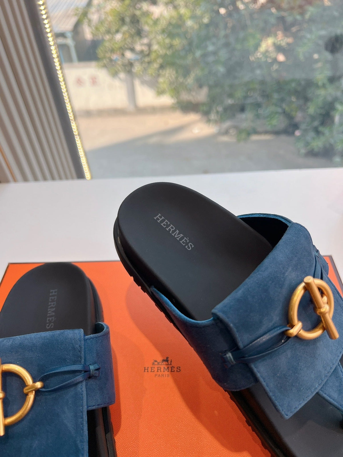 Hermes Joyce Sandal in Navy Blue Suede