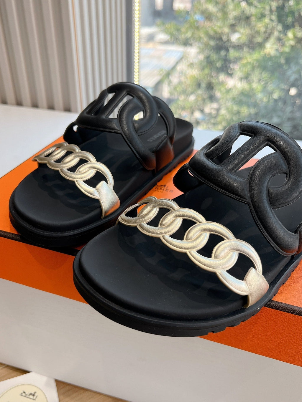 Hermes Extra Sandal in Black Mix Silver Calfskin
