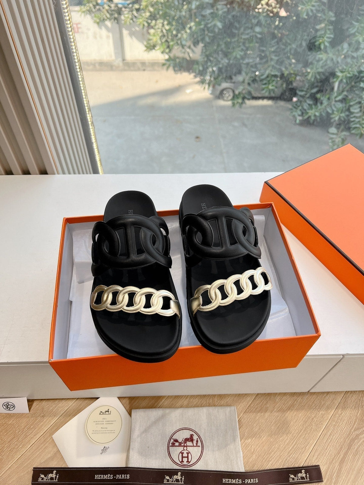 Hermes Extra Sandal in Black Mix Silver Calfskin