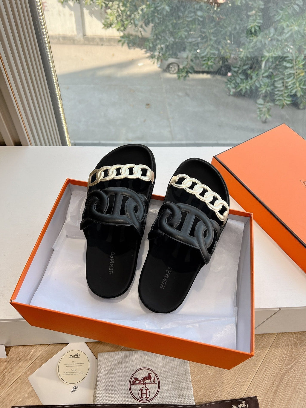 Hermes Extra Sandal in Black Mix Silver Calfskin