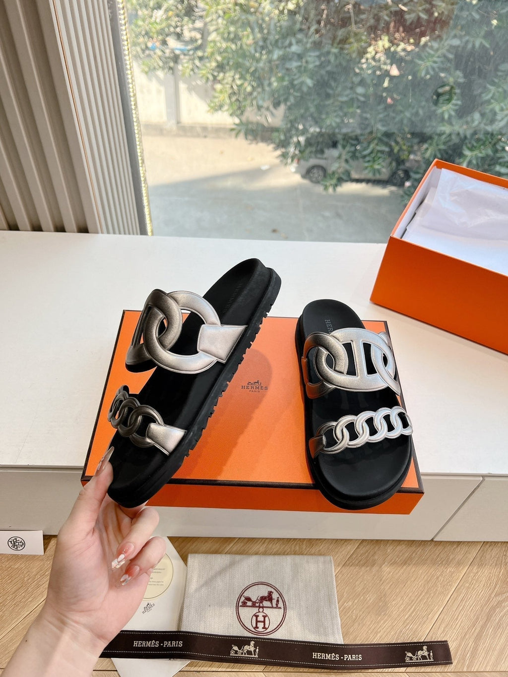 Hermes Extra Sandal in Silver Calfskin