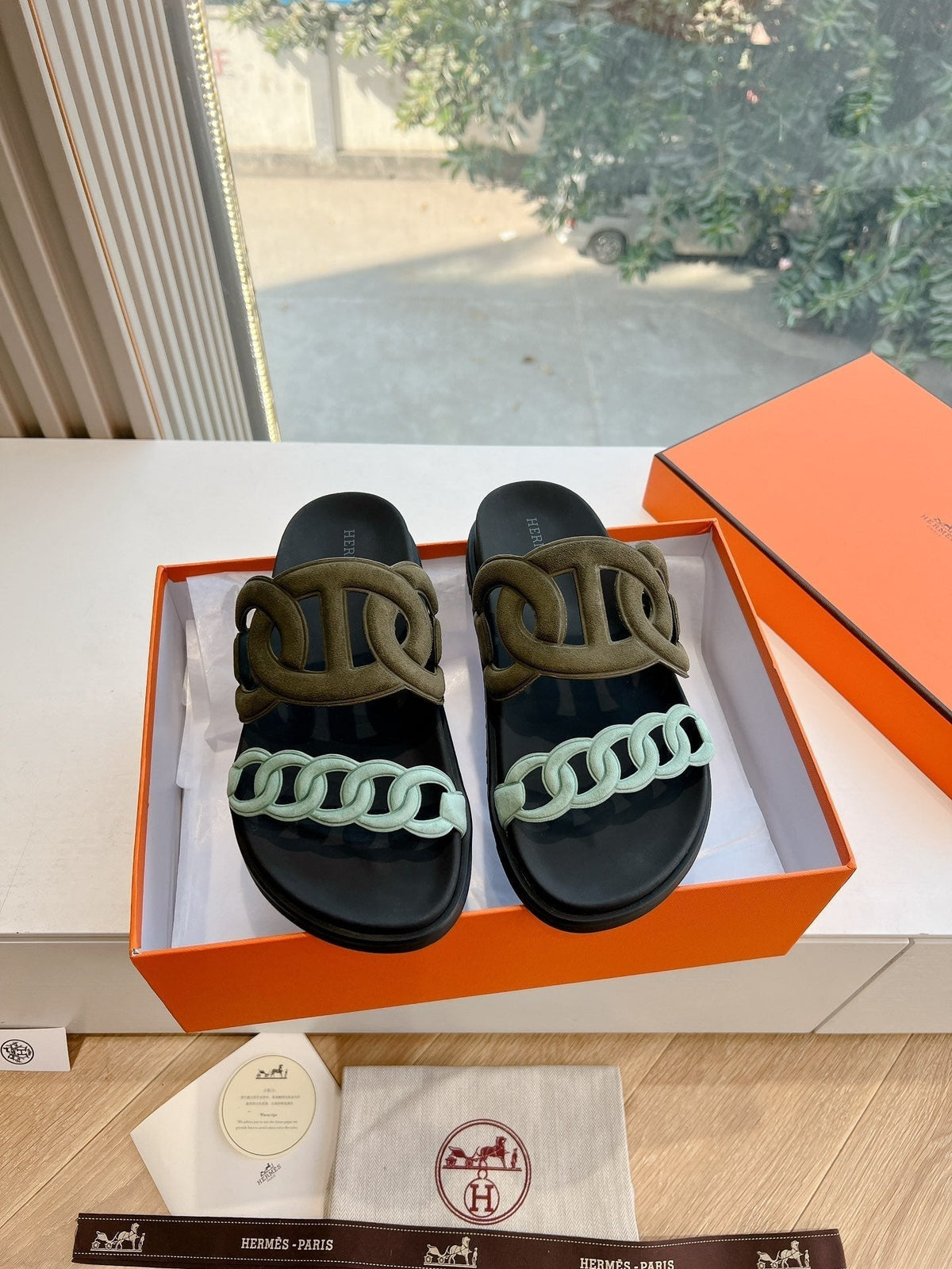 Hermes Extra Sandal in Army Green Mix Electric Blue Calfskin