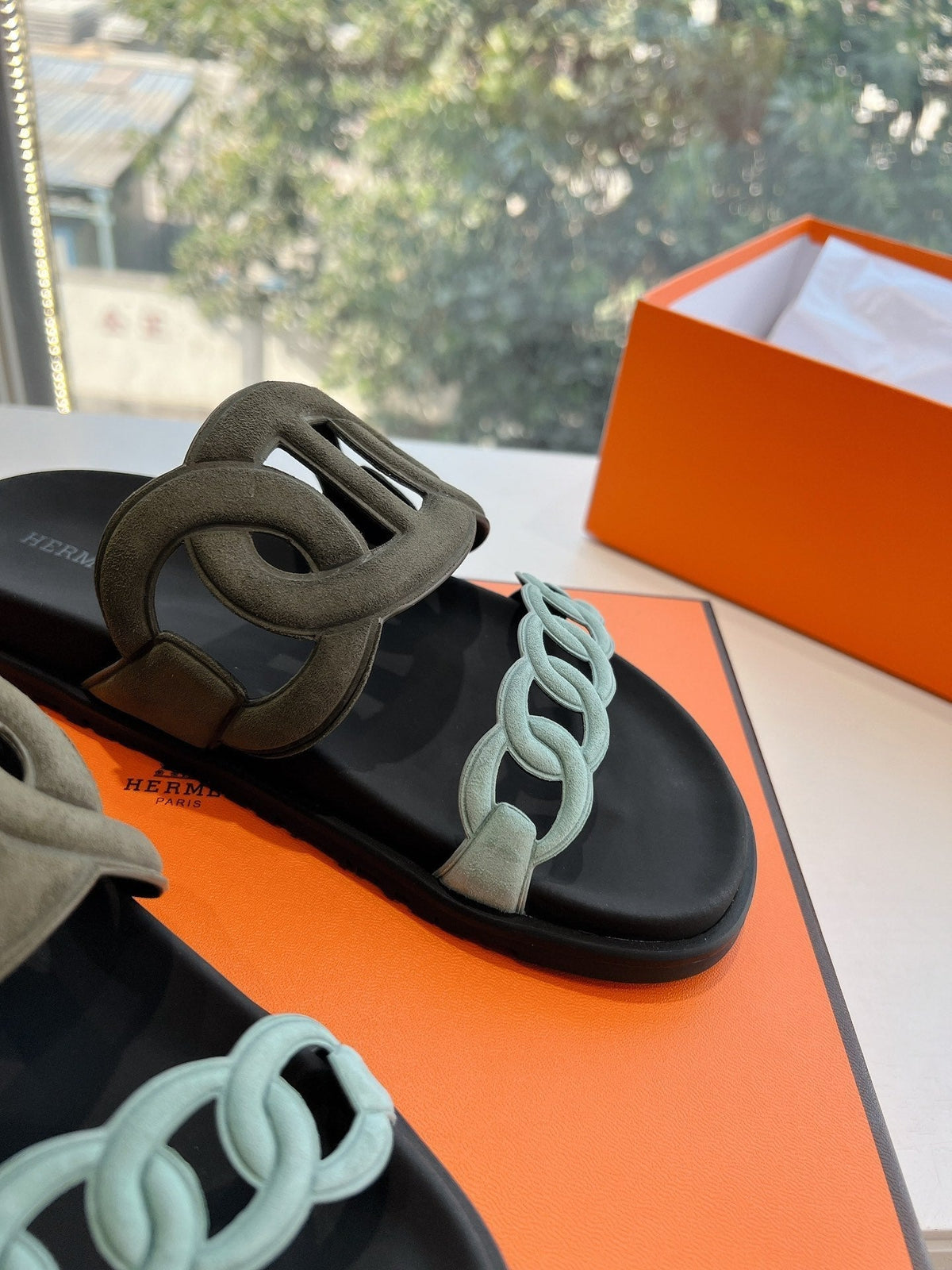 Hermes Extra Sandal in Army Green Mix Electric Blue Calfskin