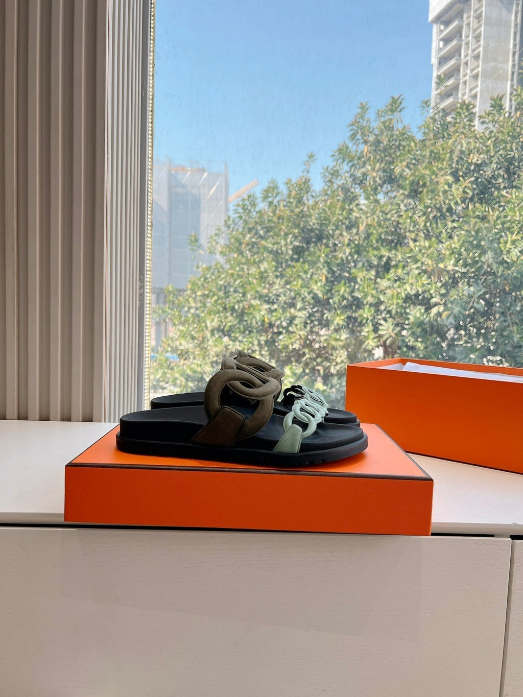 Hermes Extra Sandal in Army Green Mix Electric Blue Calfskin