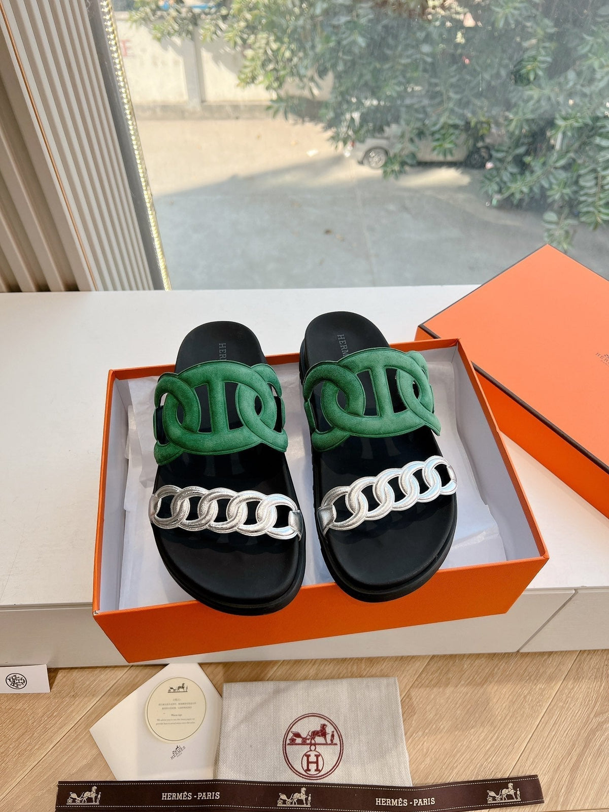 Hermes Extra Sandal in Medium Green Mix Silver Calfskin