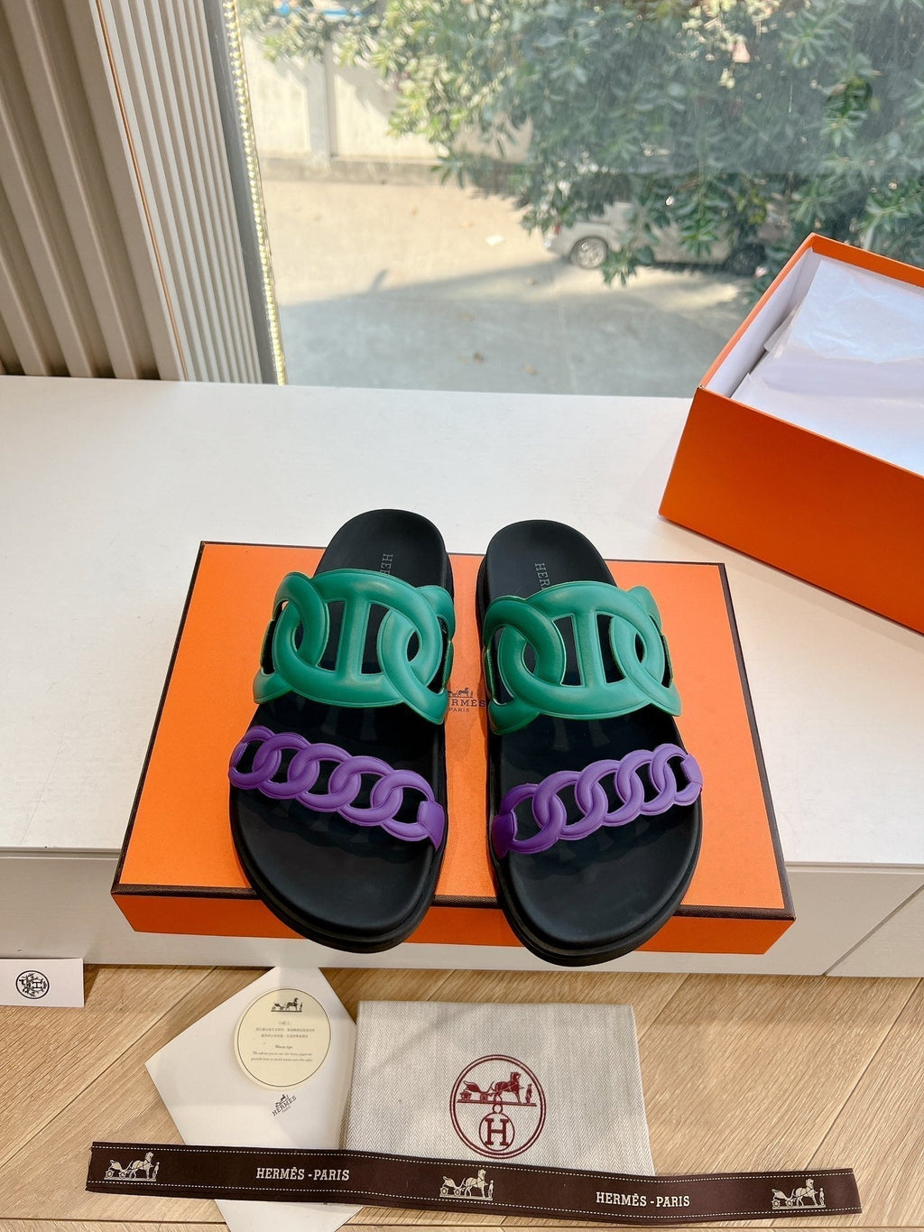 Hermes Extra Sandal in Medium Green Mix Violet Purple Calfskin