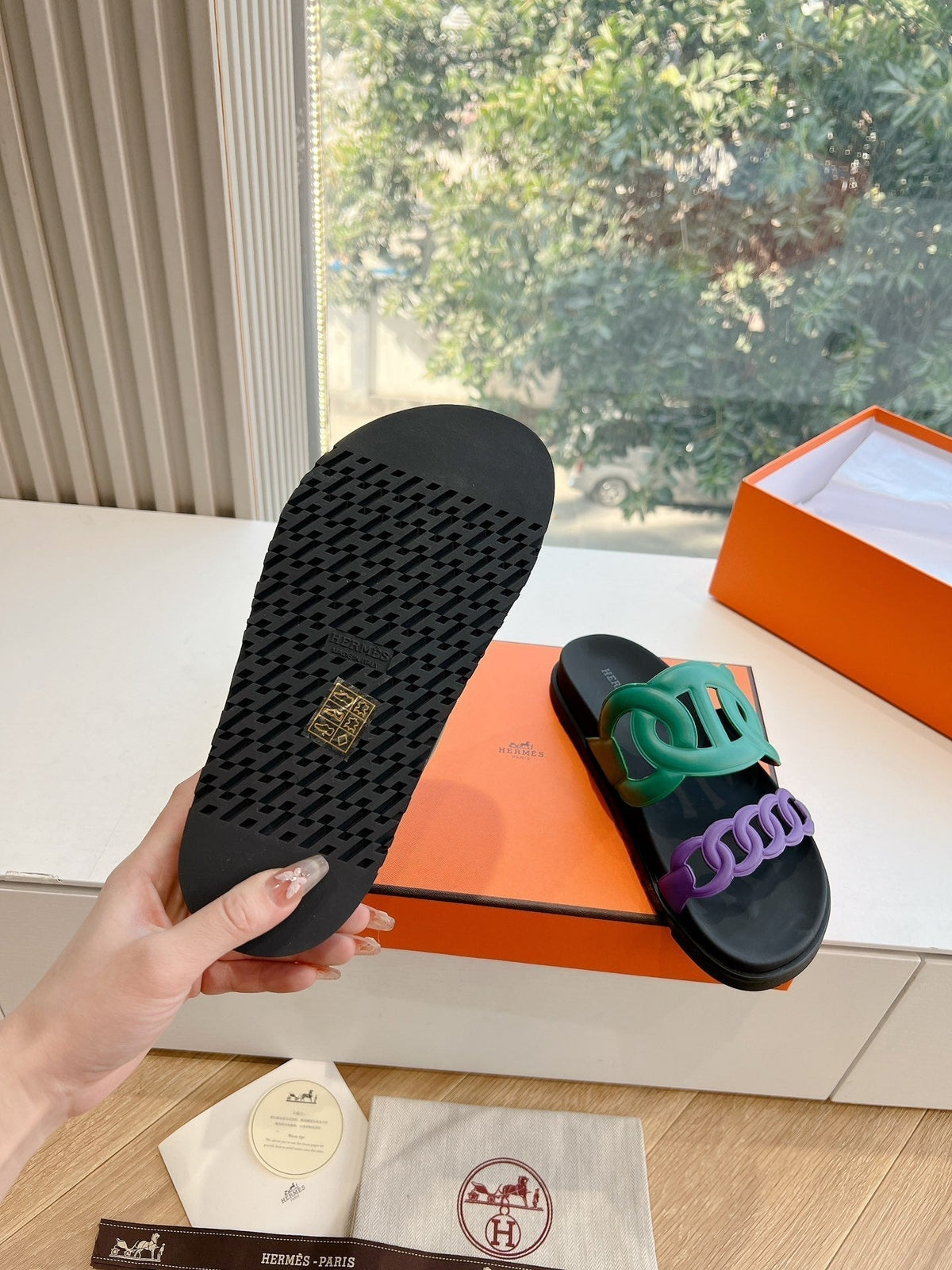 Hermes Extra Sandal in Medium Green Mix Violet Purple Calfskin