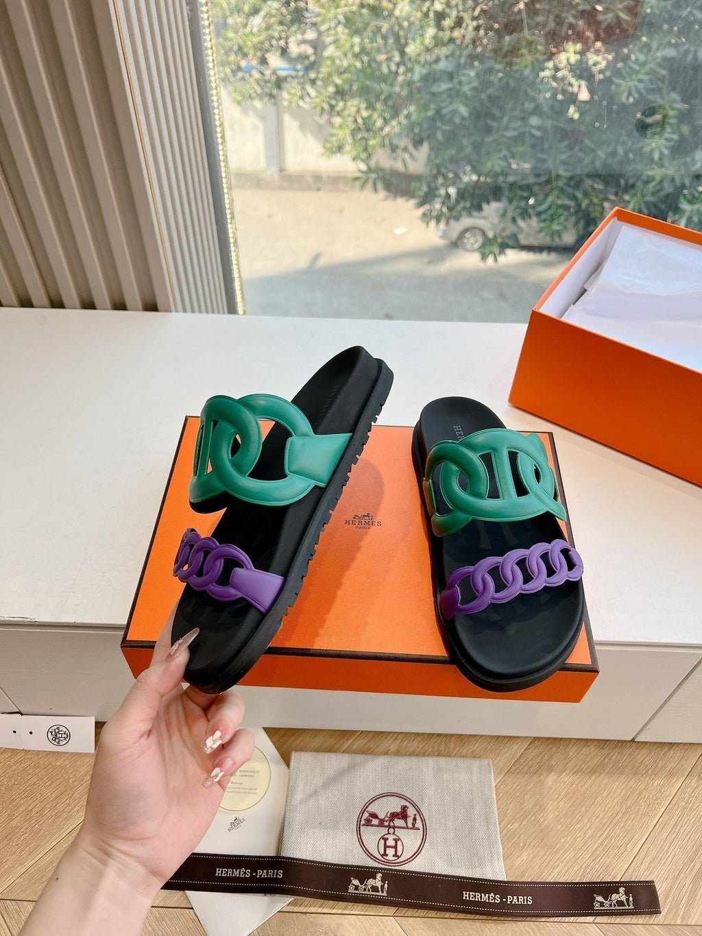 Hermes Extra Sandal in Medium Green Mix Violet Purple Calfskin