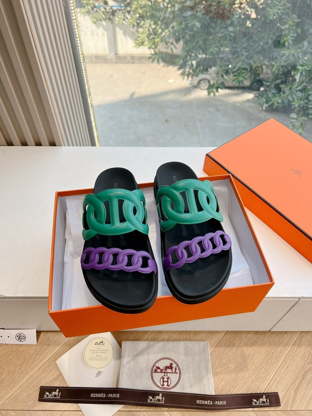 Hermes Extra Sandal in Medium Green Mix Violet Purple Calfskin
