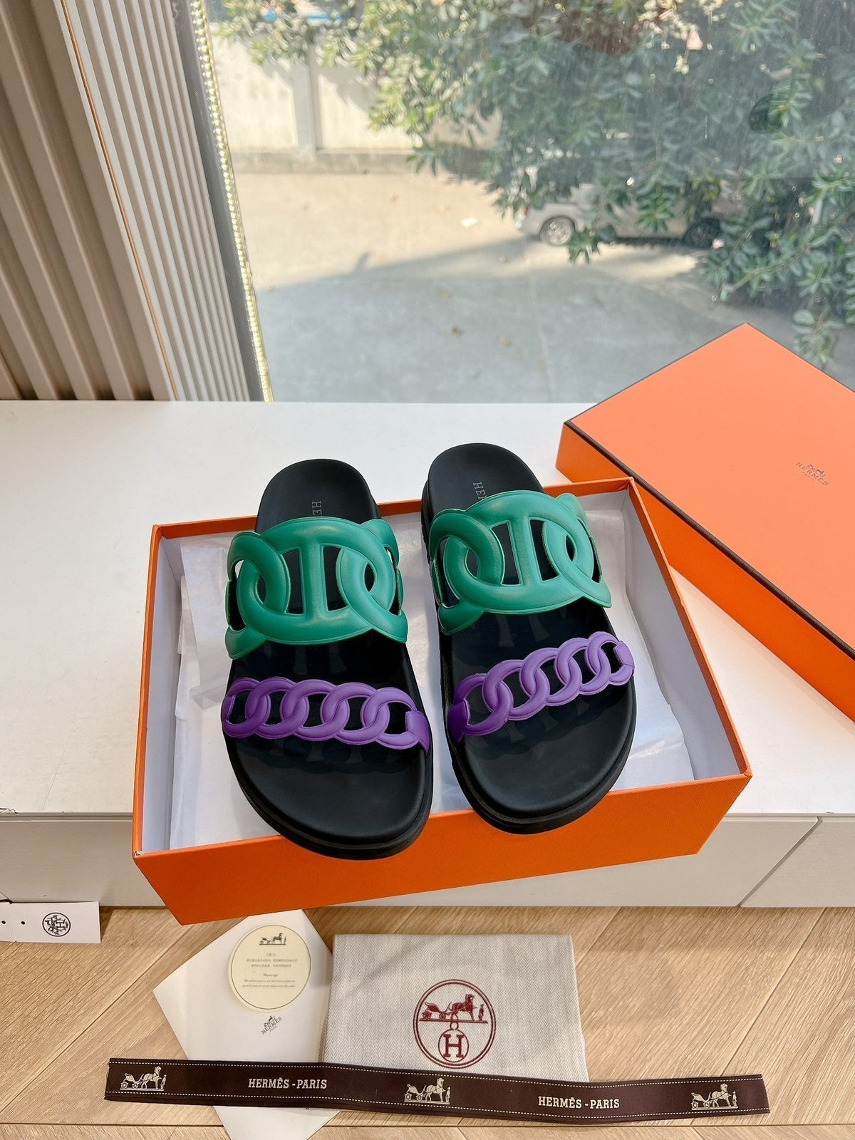 Hermes Extra Sandal in Medium Green Mix Violet Purple Calfskin