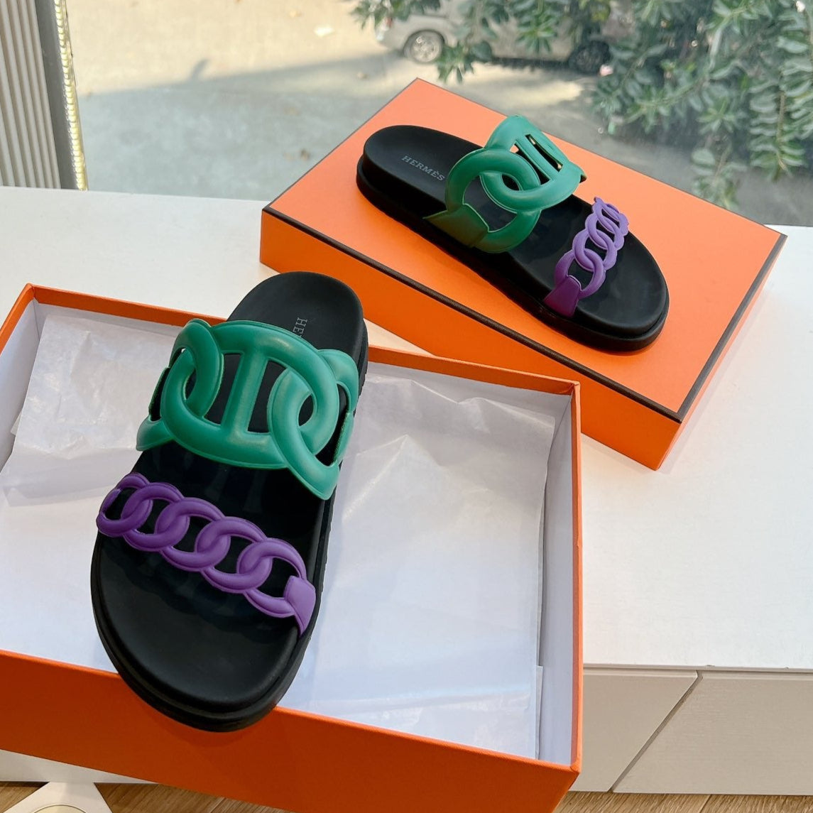 Hermes Extra Sandal in Medium Green Mix Violet Purple Calfskin