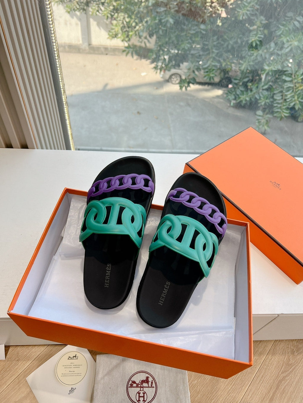 Hermes Extra Sandal in Medium Green Mix Violet Purple Calfskin