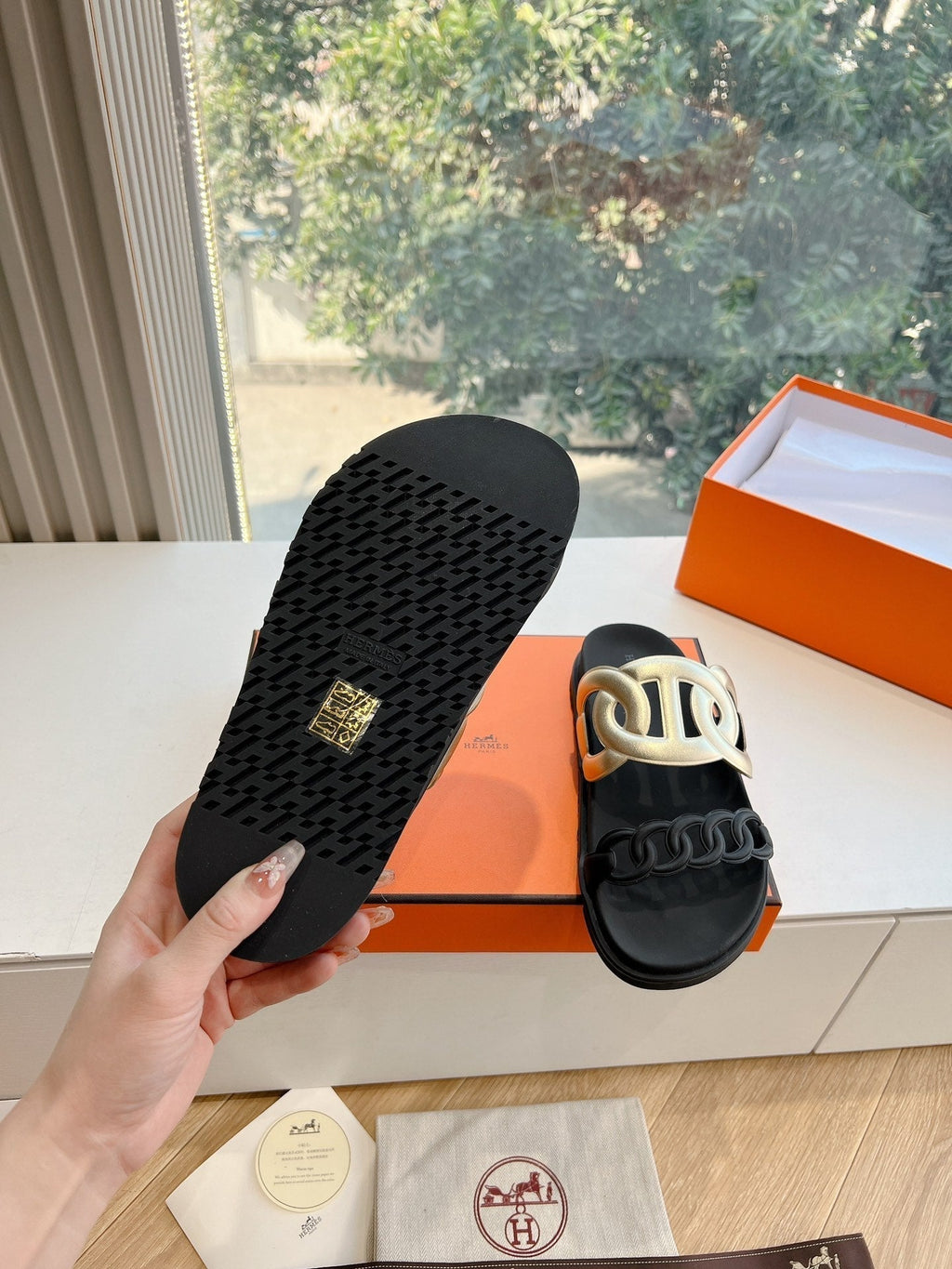 Hermes Extra Sandal in Gold Mix Black Calfskin