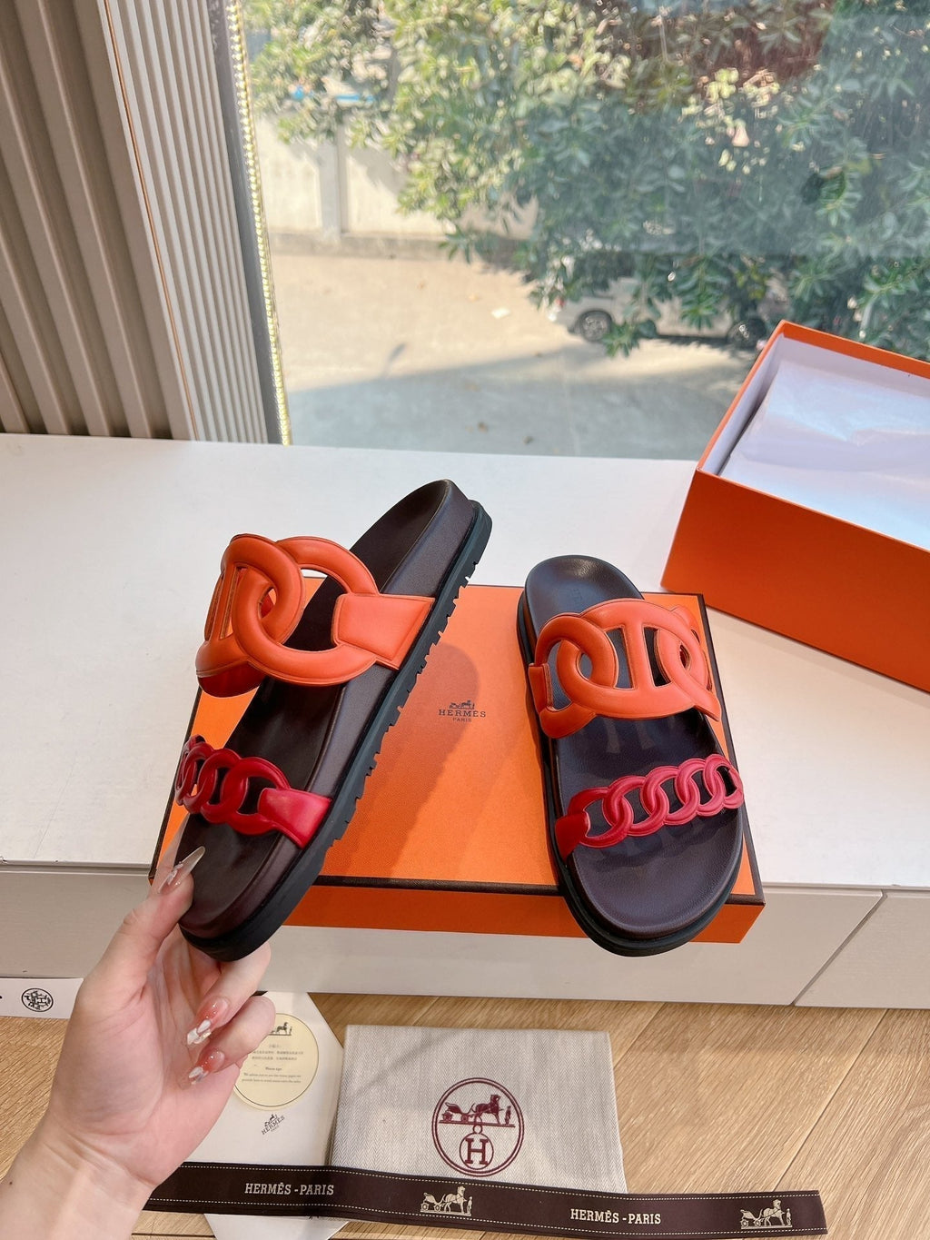 Hermes Extra Sandal in Cherry Red Mix Fire Orange Calfskin