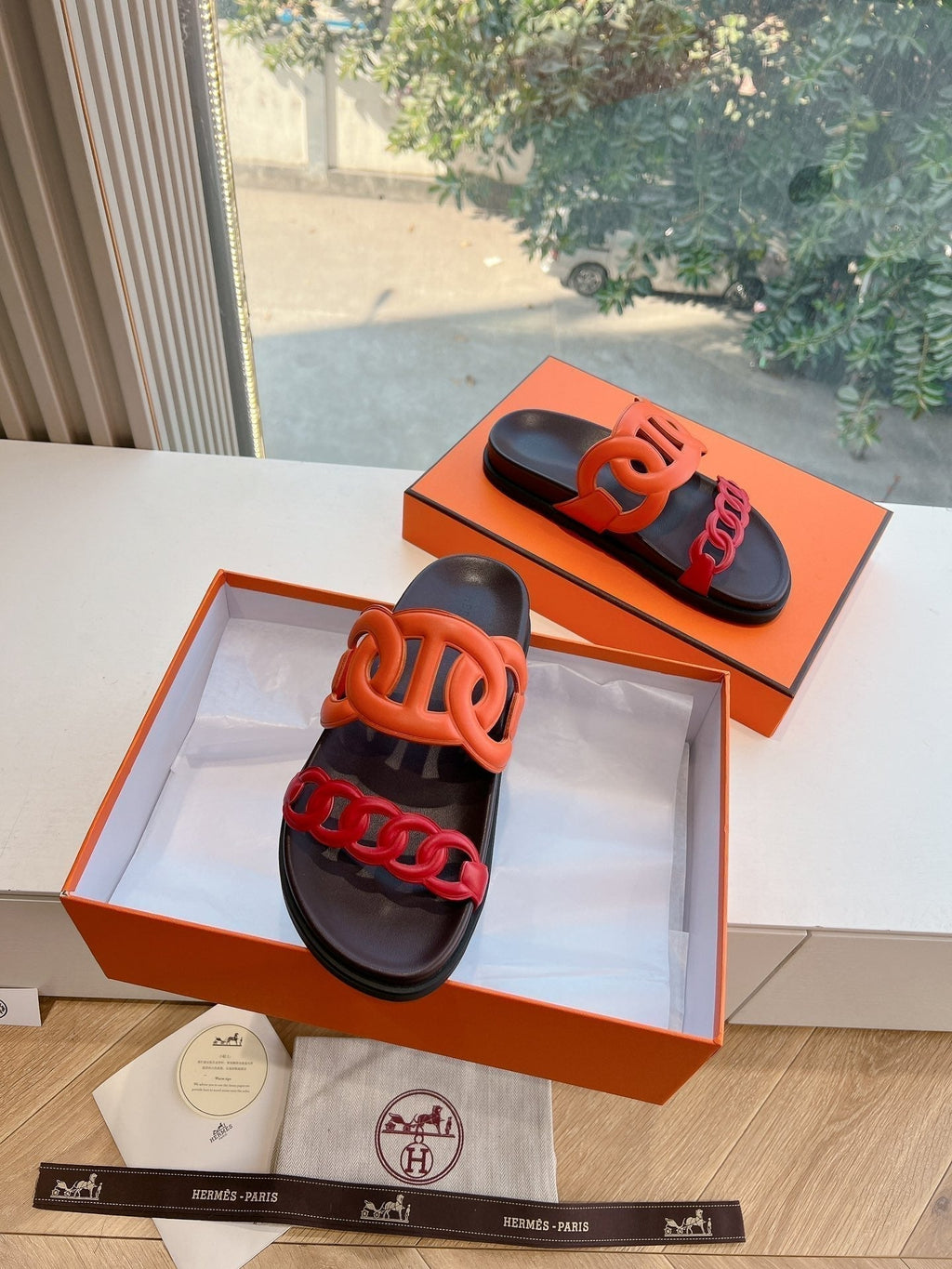 Hermes Extra Sandal in Cherry Red Mix Fire Orange Calfskin
