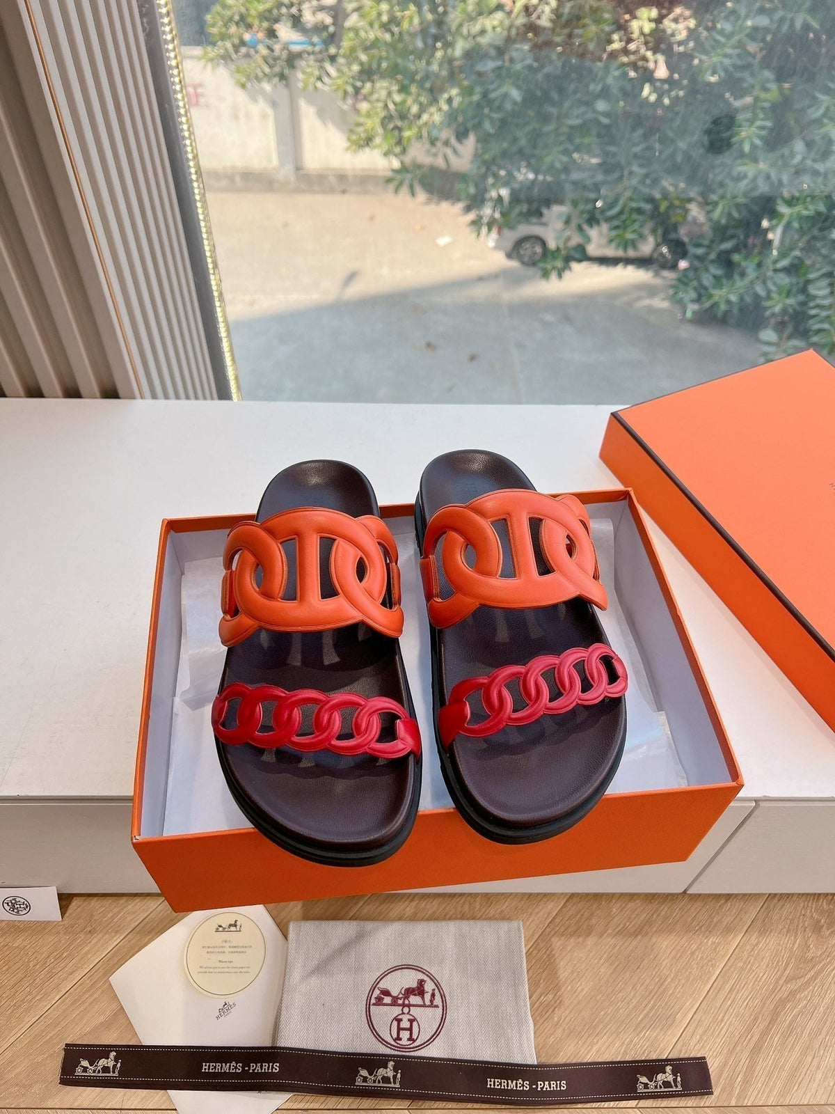 Hermes Extra Sandal in Cherry Red Mix Fire Orange Calfskin