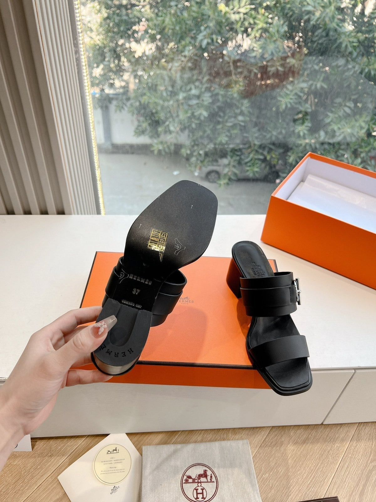 Hermes Kute 60 Sandal in Black Calfskin