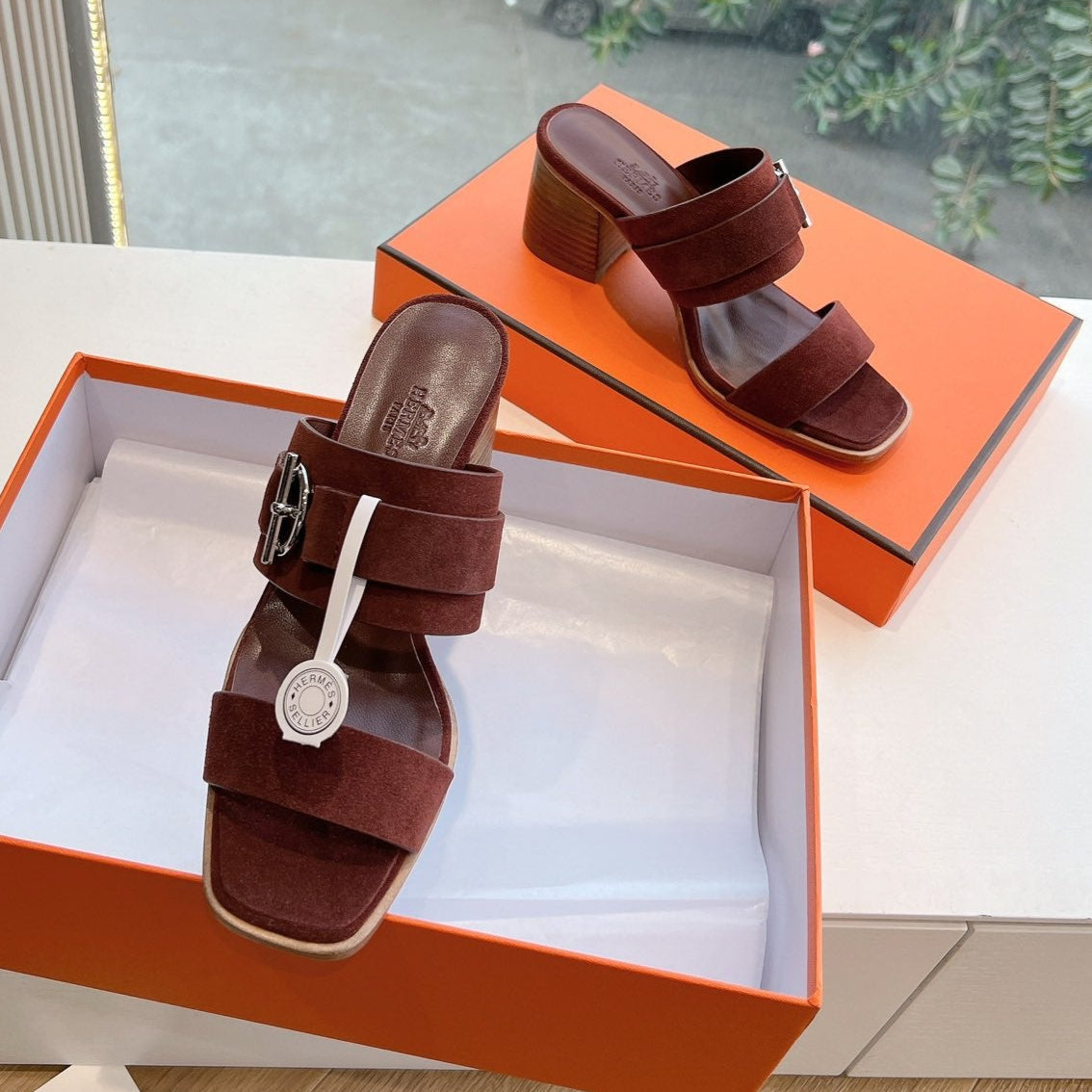 Hermes Kute 60 Sandal in Chestnut Brown Suede