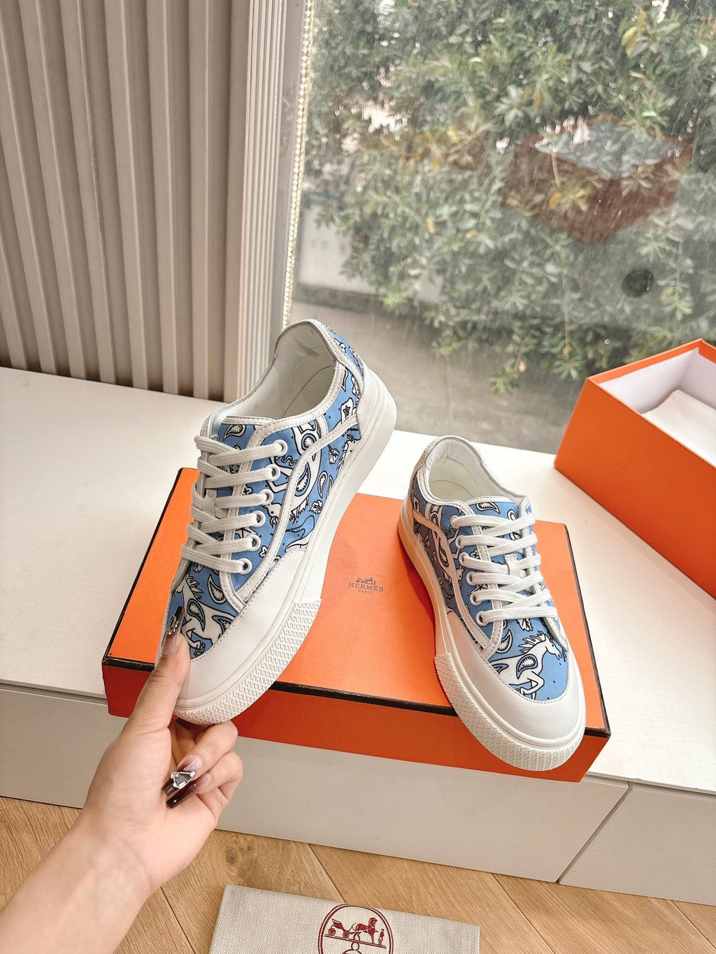 Hermes Get Sneaker in White Mix Cerulean Blue Maxi Canvas and Calfskin