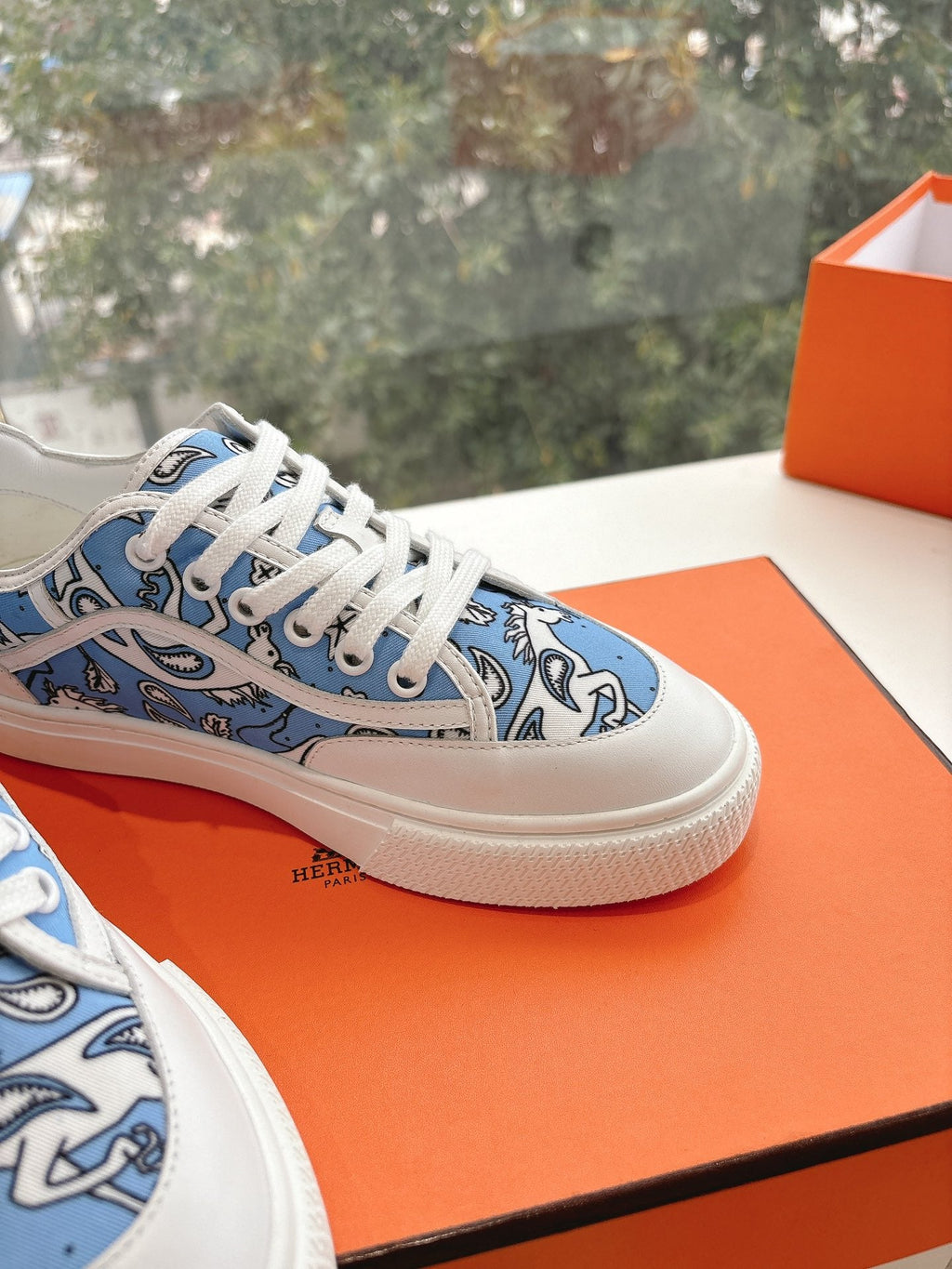 Hermes Get Sneaker in White Mix Cerulean Blue Maxi Canvas and Calfskin