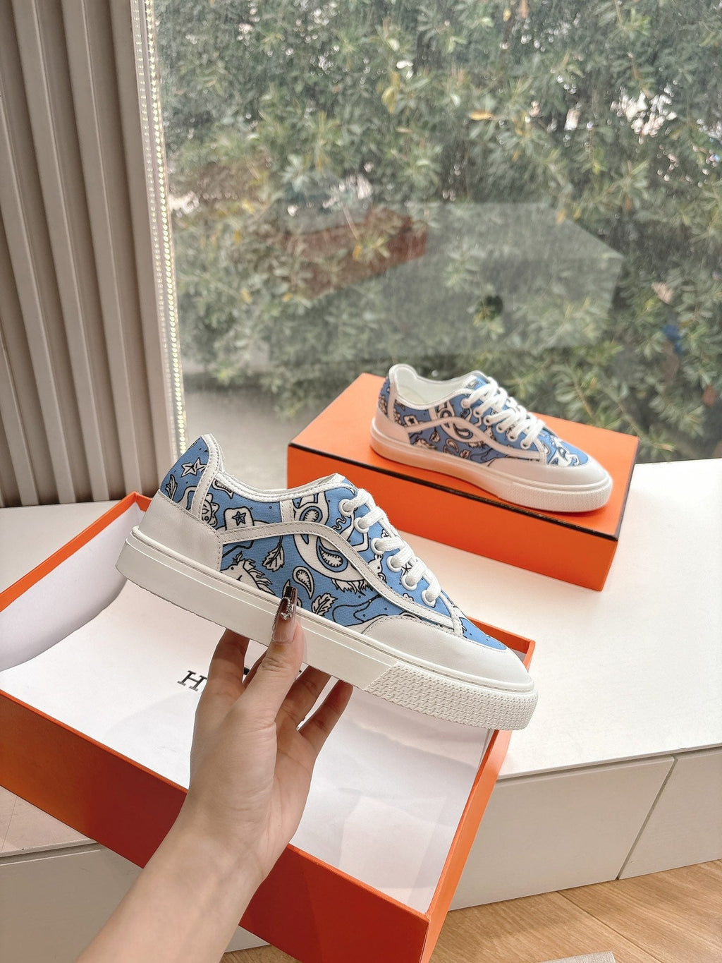 Hermes Get Sneaker in White Mix Cerulean Blue Maxi Canvas and Calfskin