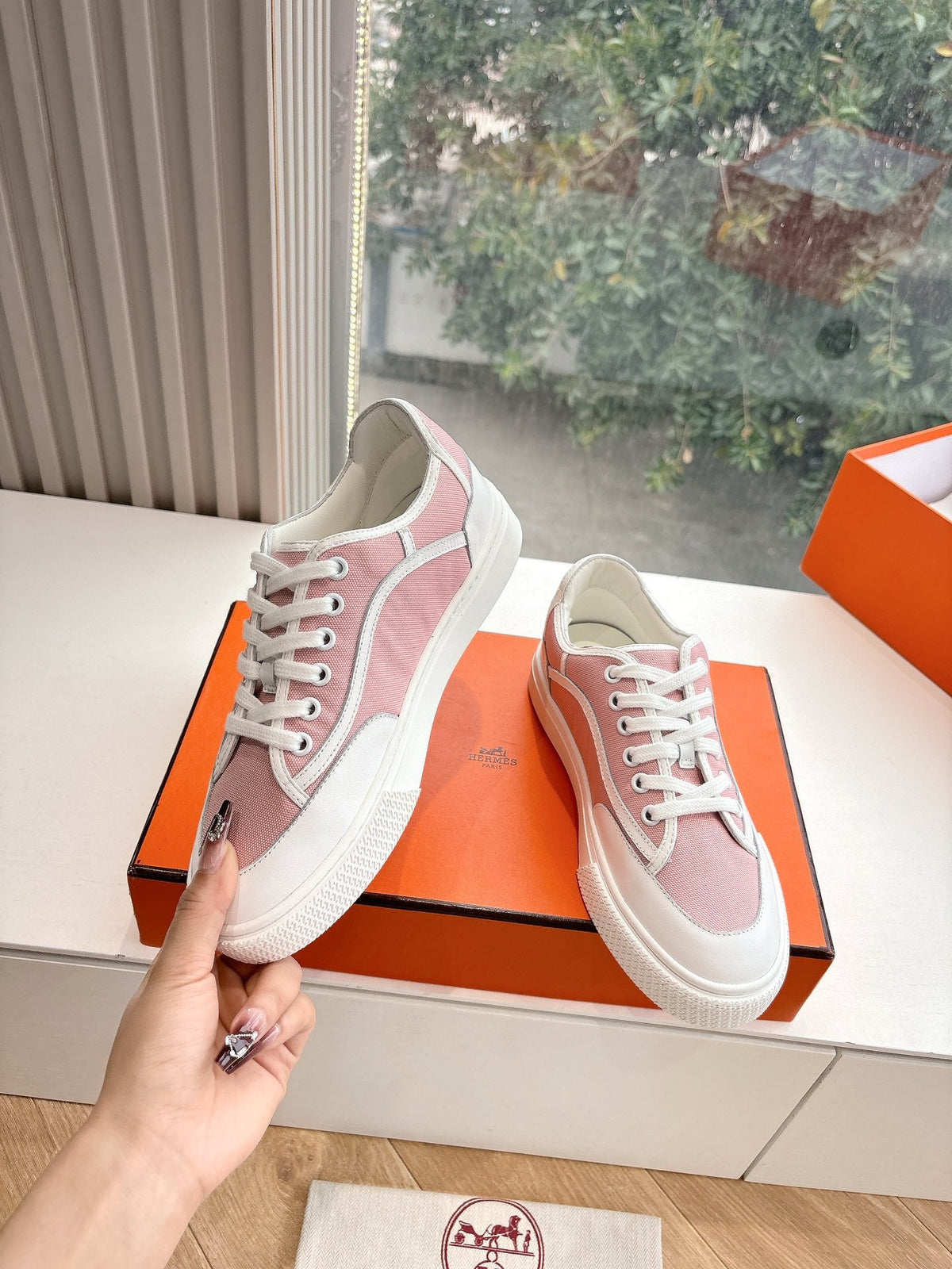 Hermes Get Sneaker in Rose Pink Maxi Canvas and White Calfskin