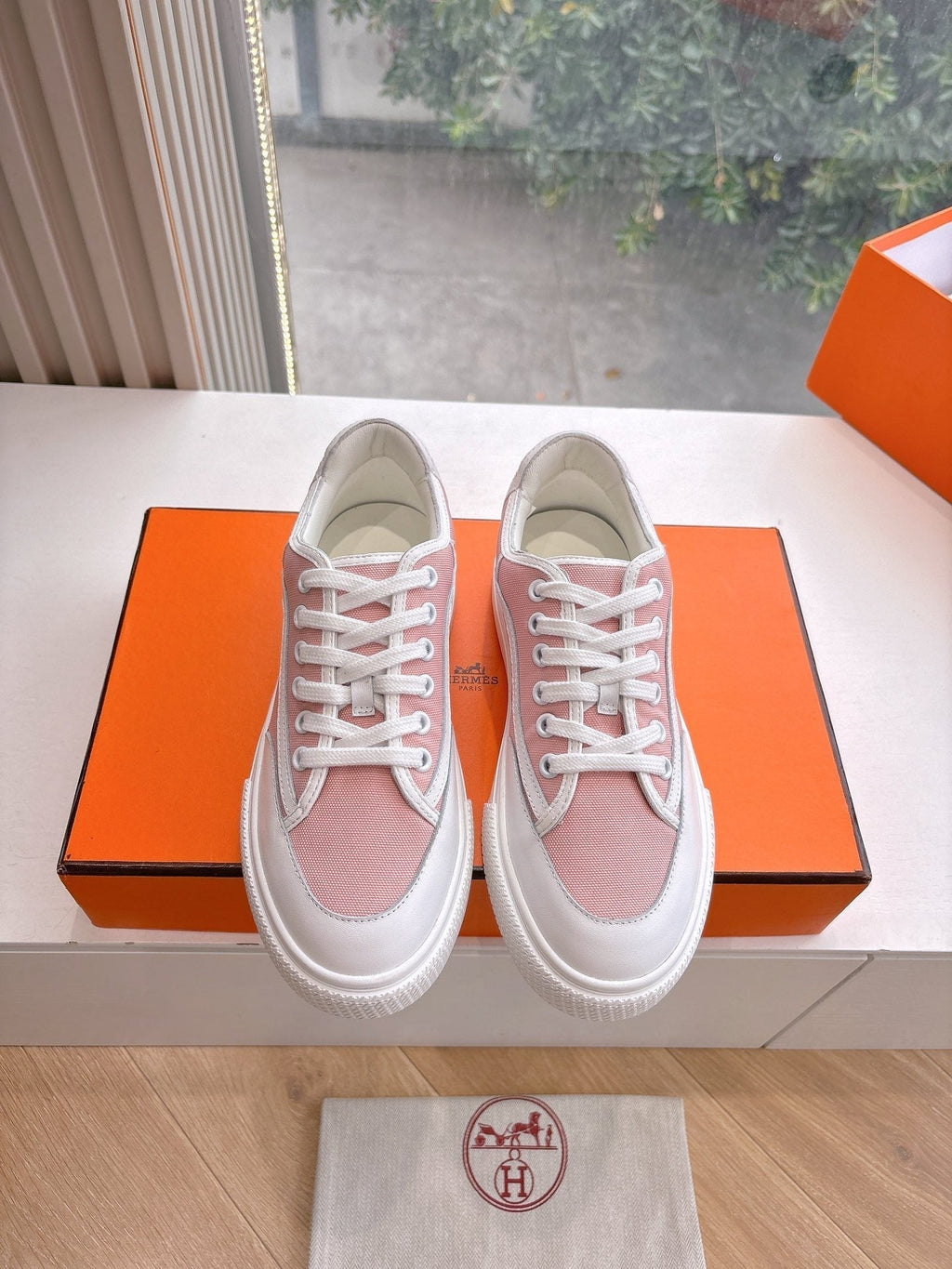 Hermes Get Sneaker in Rose Pink Maxi Canvas and White Calfskin