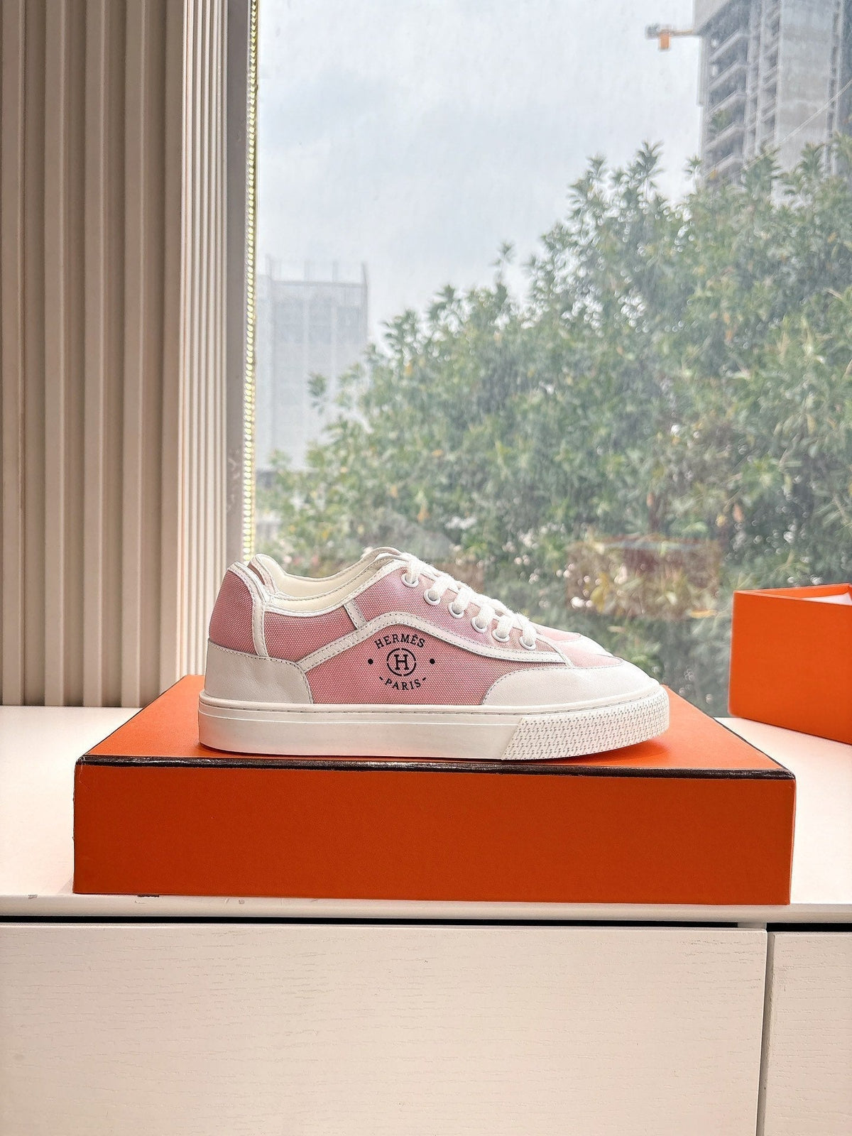 Hermes Get Sneaker in Rose Pink Maxi Canvas and White Calfskin