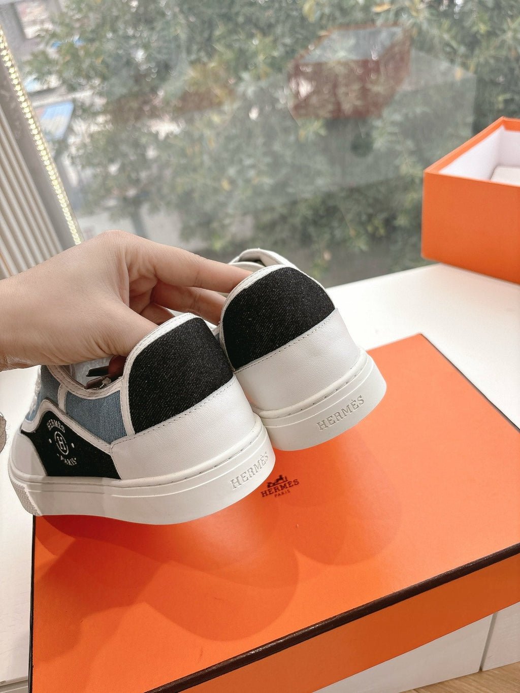 Hermes Get Sneaker in Black Mix Light Blue Canvas and Calfskin