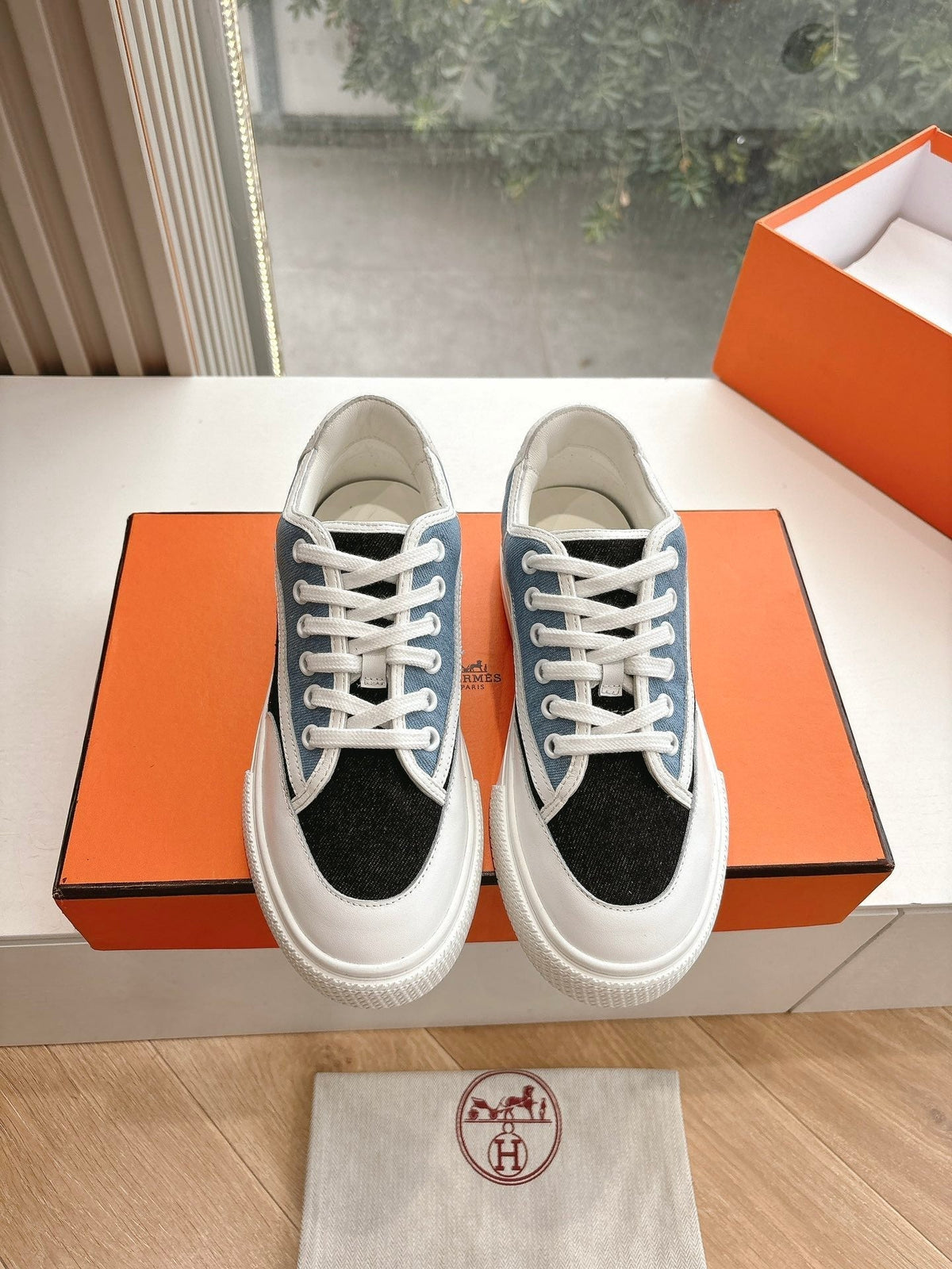 Hermes Get Sneaker in Black Mix Light Blue Canvas and Calfskin