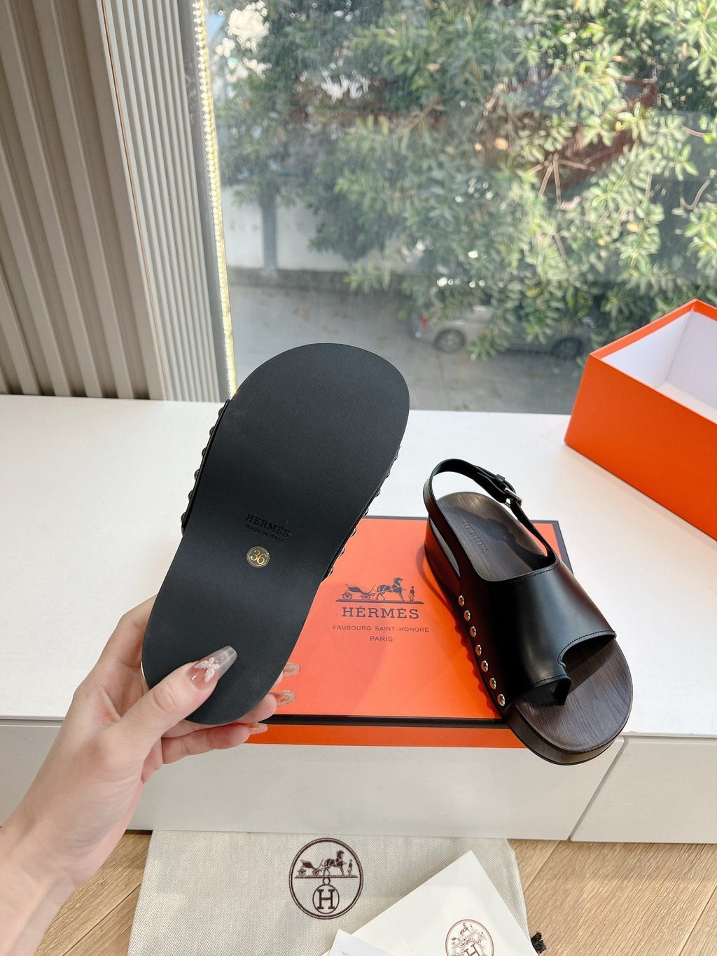Hermes Flat Sandal in Black Calfskin