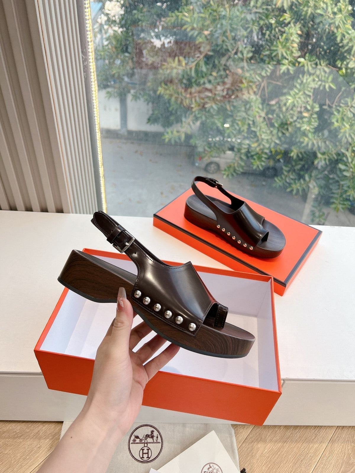 Hermes Flat Sandal in Brunette Brown Calfskin