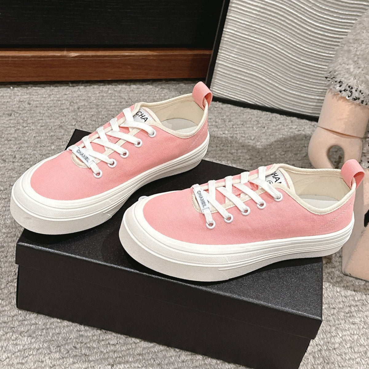 Chanel Lace-Up Sneakers in Pastel Pink Canvas