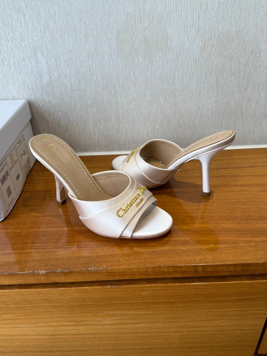 Dior Peep Toe Sandal 25S Heels 10cm in Pale Pink Beige Satin