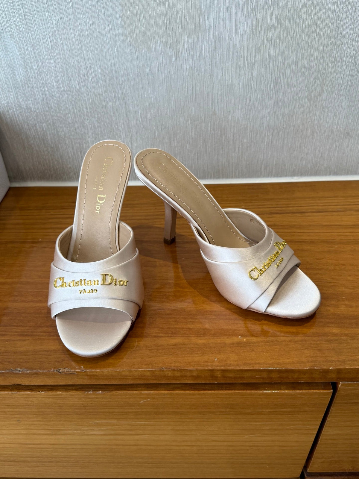Dior Peep Toe Sandal 25S Heels 10cm in Pale Pink Beige Satin