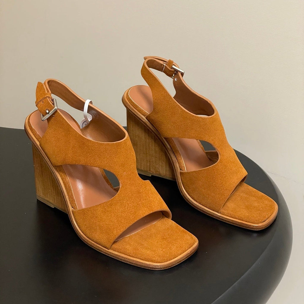 Hermes 25S Kalya Wedge Sandal 100 mm in Brown Suede