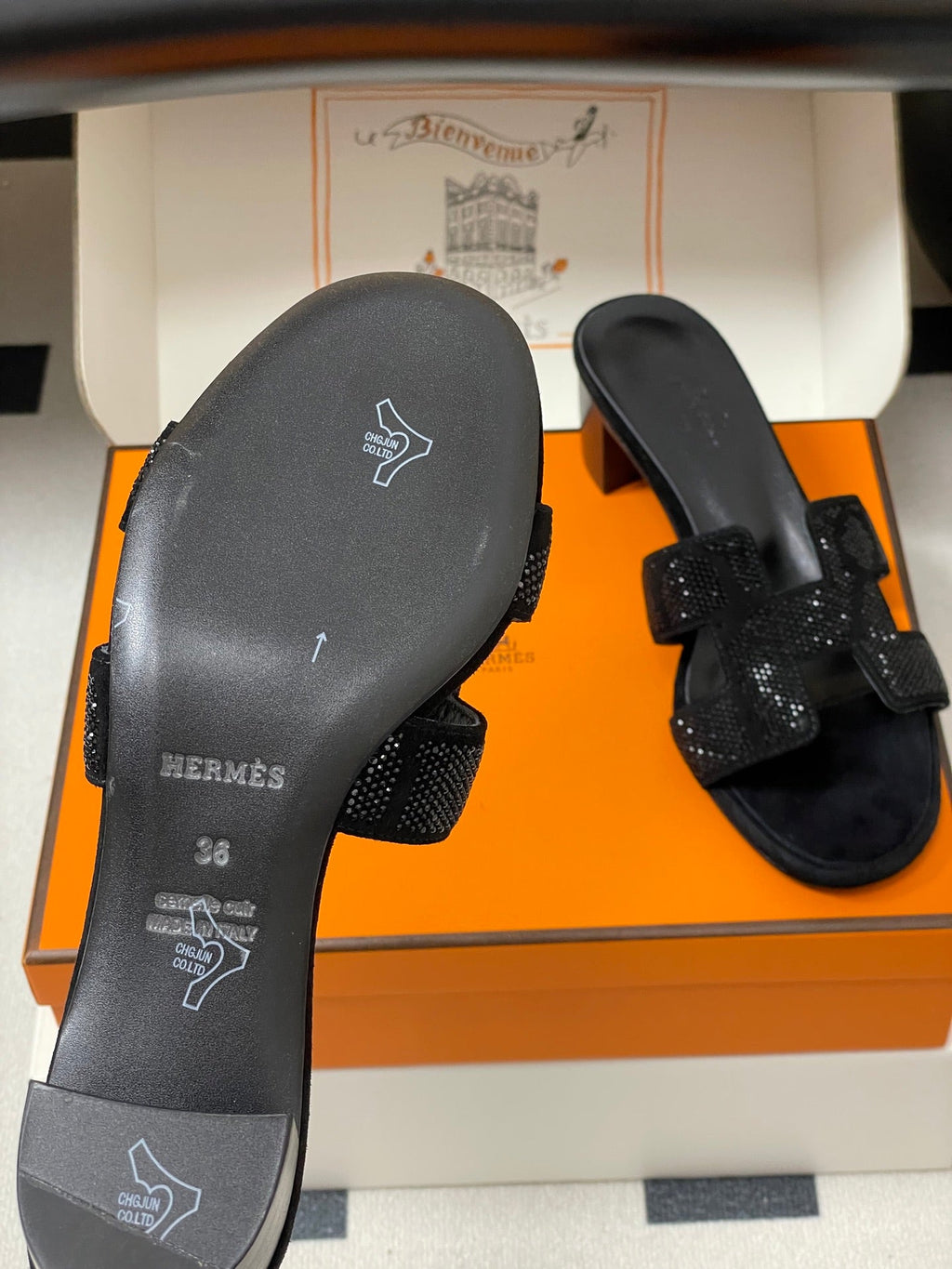 Hermes 25S Oran High‑Heel Sandal 50 mm in Black Lambskin with Stone Details