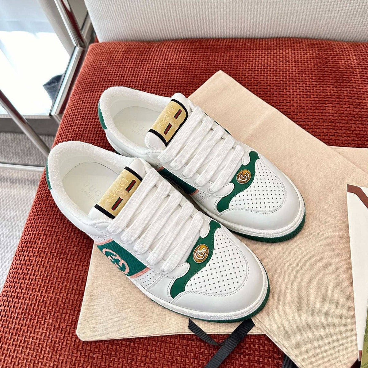 Gucci Screener Sneaker White and Dark Green Calfskin