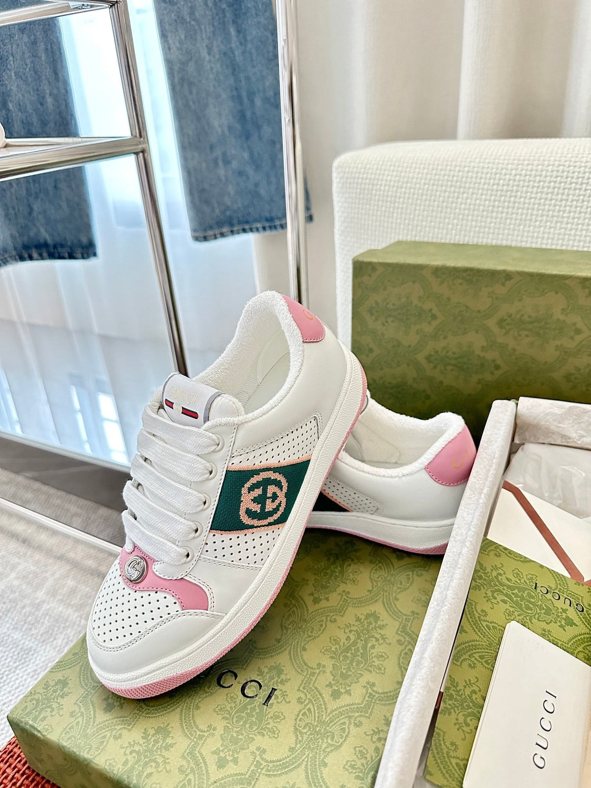 Gucci Screener Sneaker White and Pink Calfskin