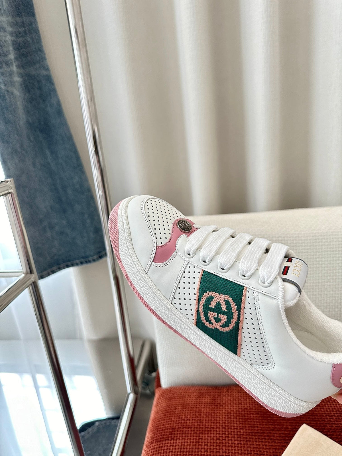 Gucci Screener Sneaker White and Pink Calfskin