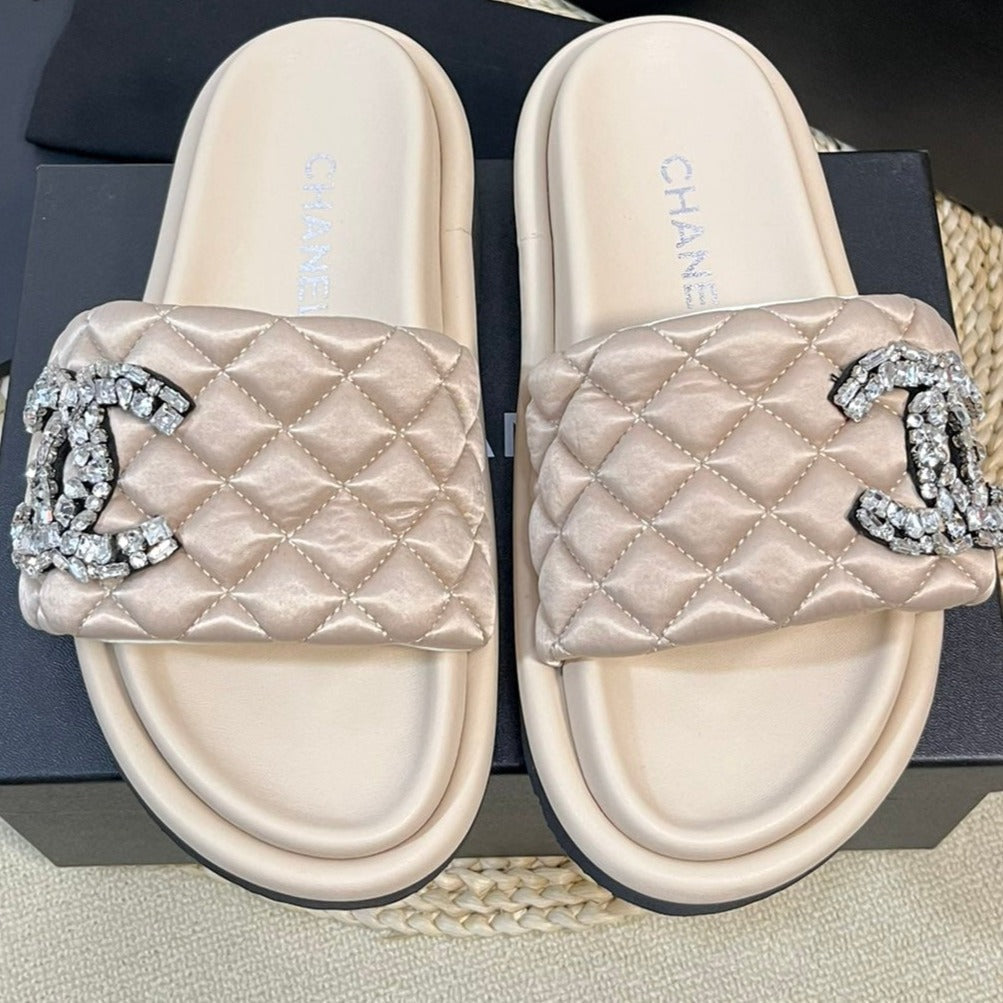 Chanel New Style Diamond Buckle Double C Thick Bottom Slippers Beige Cream Sheepskin