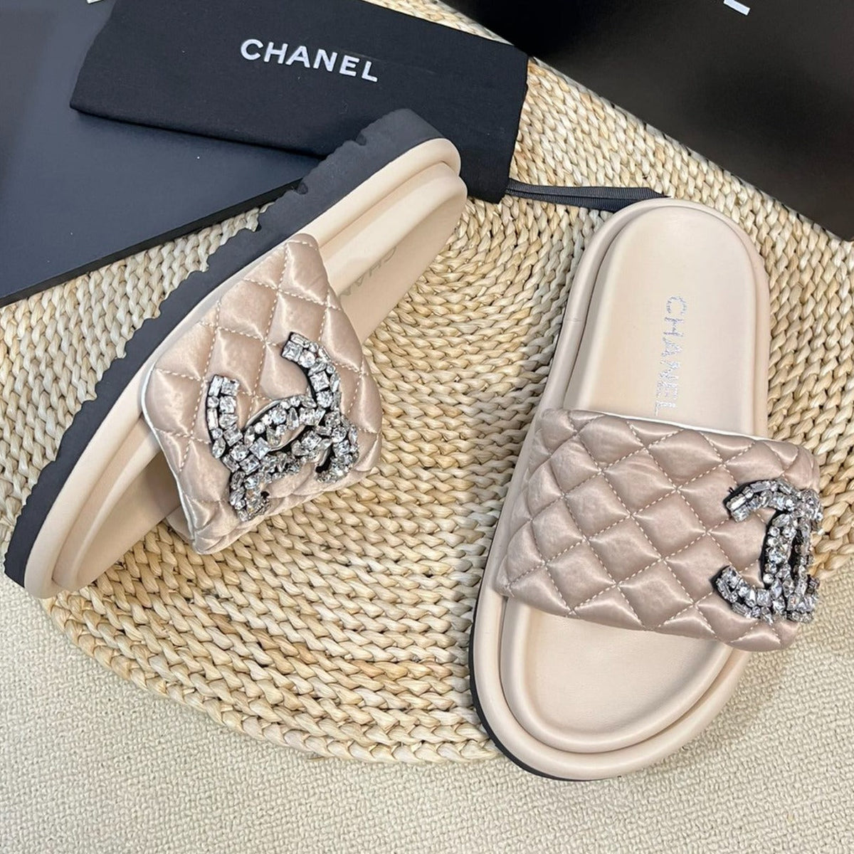 Chanel New Style Diamond Buckle Double C Thick Bottom Slippers Beige Cream Sheepskin