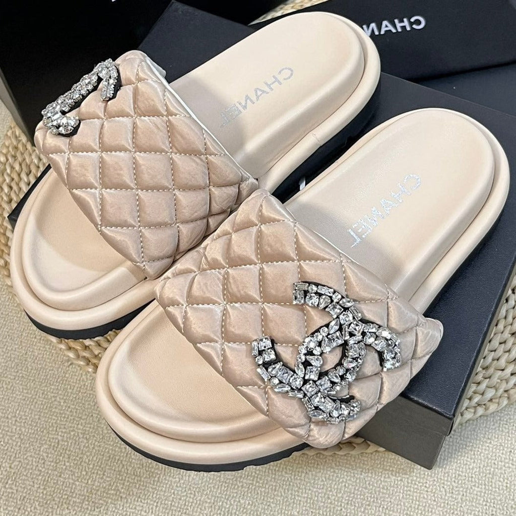 Chanel New Style Diamond Buckle Double C Thick Bottom Slippers Beige Cream Sheepskin